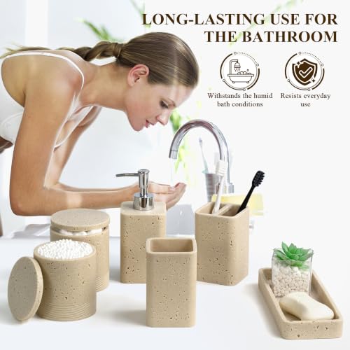 Bathroom Accessories Set, 6 Piece Bathroom Set with Toothbrush Holders, Soap Dispenser, Vanity Tray, Tumbler, Cotton Swab Jars, Bathroom Organizer for Bathroom，Bathroom Sink Sets Travertine Beige - color: Travertine Beige