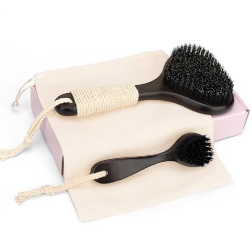 eaxun Bamboo Dry Brushing Set with Body and Face Brush, Dry Scrub Brush with Exfoliating Natural Boar Bristle for Lymphatic Drainage, Cellulite Reduction, Blood Circulation and Glowing Skin, 2 Pack - color: Stiff Boar Bristles