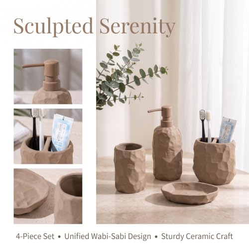 RQYIXI 4 Pcs Ceramic Bathroom Accessories Set,Matte Earth-Tone,Wabi-Sabi | Unglazed Sand Stoneware Boho Bathroom set includes: Soap Dispenser,Toothbrush Holder,Tumbler,Soap Dish - color: Engobe-4pcs