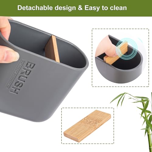 Toothbrush Holders Bamboo Electric Toothbrush Holder Bathroom Storage Organizer Countertop for Toothpaste, Floss, Razor, Grey - color: Grey