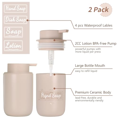 BosilunLife Khaki Soap Dispenser Set - 2 Pack 12oz Ceramic Dish Soap Dispenser with Rust Proof Pump for Kitchen, Hand Soap and Lotion Set Suitable for Farmhouse Bathroom Decor with Waterproof Labels - color: Khaki-liquid Pump