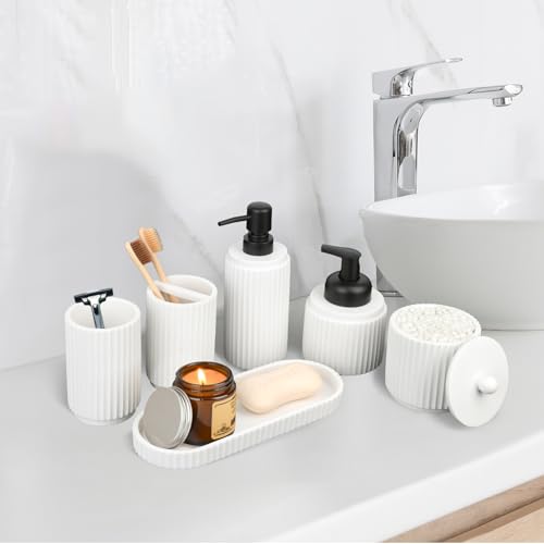 White Bathroom Accessory Set - 6 Pcs: Toothbrush Holder, Lotion & Foaming Soap Dispensers, Qtip Holder, Vanity Tray, Bathroom Tumbler, Countertop Organizer - color: White