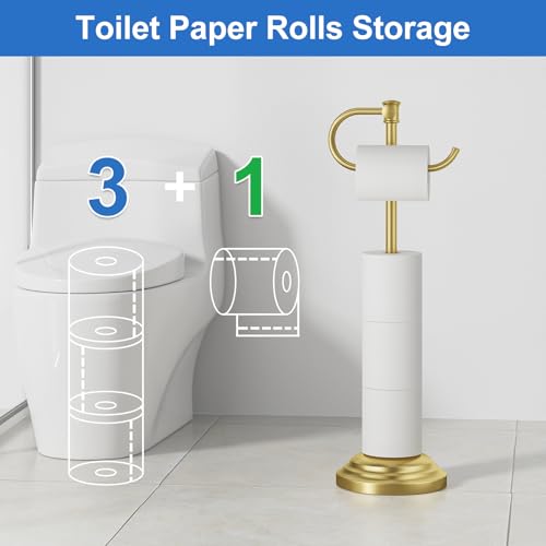 RUMOSE Toilet Paper Holder Stand for Floor, Brushed Gold Bathroom Free Standing Toilet Tissue Roll Holder with Storage, Adjustable 17-25 Inch, SUS304 Stainless Steel - color: Brushed Gold