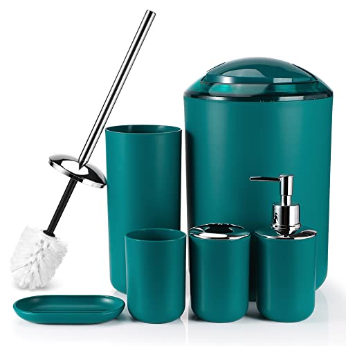 Otostar Bathroom Accessories Set 6 Piece Housewarming Gifts Set Plastic Bathroom Accessory Set Includes Toothbrush Holder Soap Dispenser Tumbler Soap Dish Toilet Brush Holder Trash Can (Dark Green) - style: B-Dark Green 3308