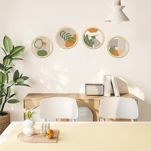TOARTi 4Pieces Boho Botanical Wooden Wall Art,Abstract Bohemian Hanging Art,Farmhouse Geometric Neutral Round Wall Decor,Mid Century Minimalist Aesthetic Plant Artwork for Bedroom Living Room Office - color: 4pcs Boho Botanical Wooden Wall Art
