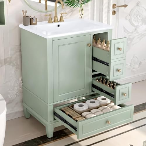 Linique 24" Bathroom Vanity with Sink Combo Set, Solid Wood Frame Bathroom Storage Cabinet with 3 Drawers, Soft Closing Door with Organizer, Light Green - color: Light Green, size: 24"/ Door with Organizer