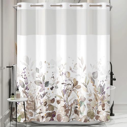 No Hook Shower Curtain with Snap in Liner Set, Neutral Watercolor Botanical Eucalyptus Foliage Print Shower Curtains for Farmhouse Boho Bathroom, Mesh Top Waterproof Bath Curtain, 71x74 Inch - color: Botanical-3