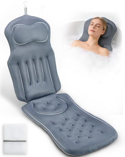 Full Body Bath Pillow for Bathtub, 5D Thick Tub Pillow for Bathtub with 192 Non-Slip Suction Cups, Laundry Bag & Hook, Bathtub Pillow for Head, Neck & Back Support (Misty Blue, 51"*15") - color: Misty Blue