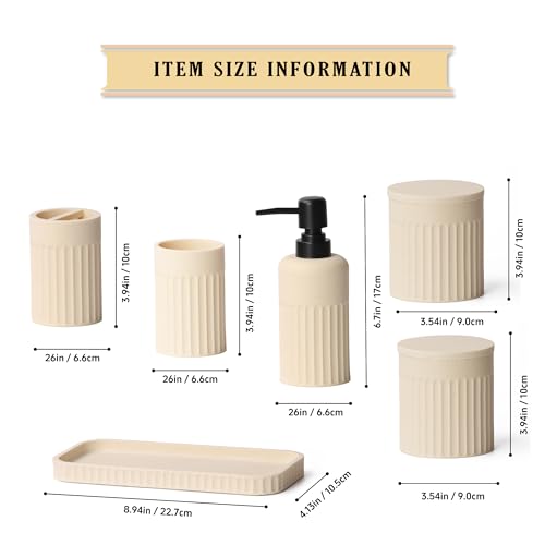 INIUNIK Bathroom Accessory Set - 6 Pieces Bathroom Accessories Set Complete with Soap Dispenser, Toothbrush Holders, Tumbler, Vanity Tray and 2 Qtip Holder for Home Organizer and Decor, Beige - color: Beige