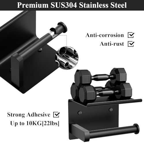 Tindbea Toilet Paper Holder Wall Mount + Towel Robe Hooks, Adhesive or Screw Wall Mounted Toilet Paper Roll Holder with Shelf, Stainless Steel Bathroom Organizers and Storage Kit (Matte Black) - color: Matte Black, size: Regular