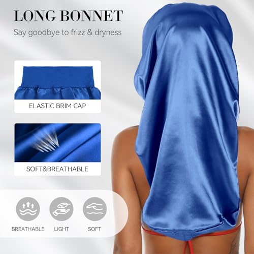 Long Bonnet for Braids-Silk Press Wrap for Hair Set Satin Big Bonnet Anti Frizz 2 Piece Set Reusable Elastic Mesh Wrap Cap Braid Accessories for Curly, Braids Hair (black net, blue bonnet) - color: Black Net, Blue Bonnet