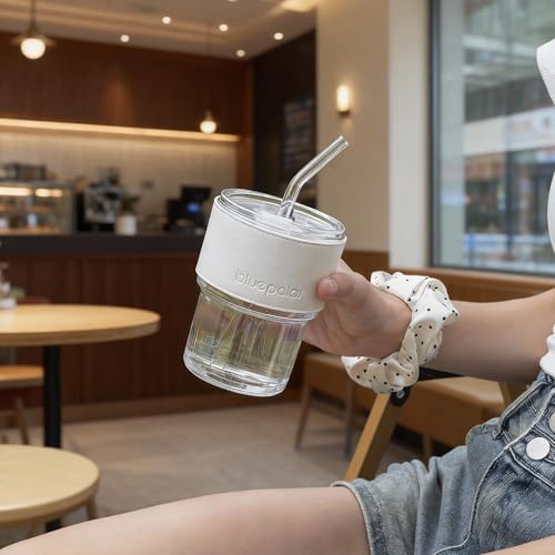 BLUEPOLAR 13 oz Tumbler Water Glass, Water Bottle with Straw and Dustproof Lid, Coffee Ice Cup Double Wall Insulated Glass Cup (White with Protect Sleeve) - color: White with Protect Sleeve