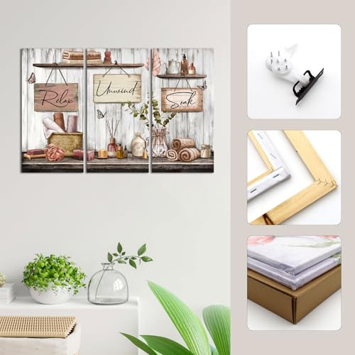 sechars Bathroom Wall Art Relax Unwind Soak Signs Canvas Prints Brown Spa Decor, 8x16 Inches Each, Framed (Brown) - color: Brown