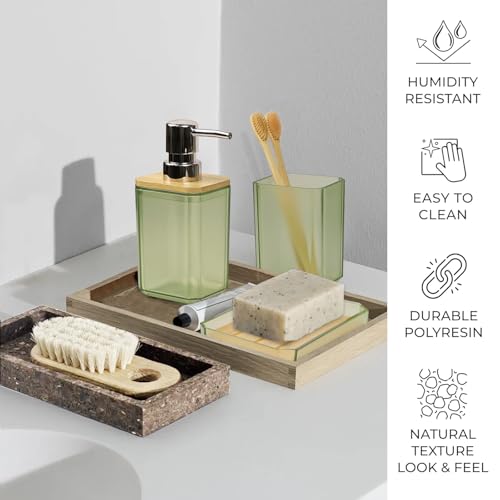 CERBIOR Bathroom Accessories Set 7 Piece Bath Ensemble Includes Soap Dispenser, Toothbrush Holder, Toothbrush Cup, Soap Dish for Decorative Countertop and Housewarming Gift (Green) - style: Green