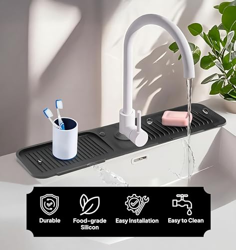 17'' Inch Kitchen Sink Faucet Mat Guard for Sink Area Durable Silicone Splash Mat Multi-Use Water Catcher Tray Fast Drying Draining Protector (Black) - color: Black, style: 17.7 Inch