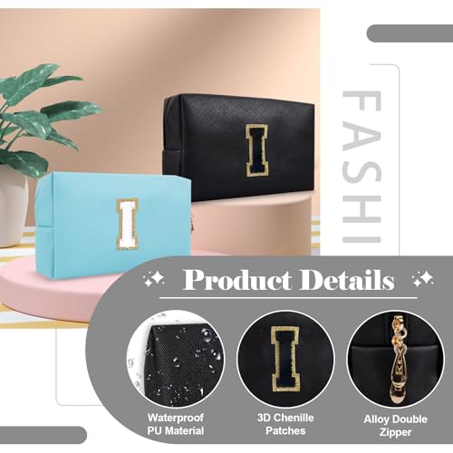 Personalized Initial A-Z Preppy Patch Makeup Bag,Small PU Chenille Letter Cosmetic Bag with Zipper for Teen Girls,Black Cute Toiletry Organizer Bag,Monogram Makeup Case Gift for Women Girls,Letter I - color: Black,Black-Letter, size: I