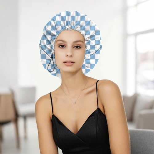 Shower Cap Adjustable Waterproof Double Layer Elastic Reusable Hair Bath Cap Cute Aesthetic for Women Girls-Checkered - color: R1-Checkered