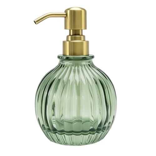 Round Bathroom Soap Dispenser Green Bottle Brushed Gold Pump, Stainless Steel Pump Liquid Soap Dispenser Sphere Countertop Hand Kitchen - color: Green and Brushed Gold Pump, size: 11oz-Round
