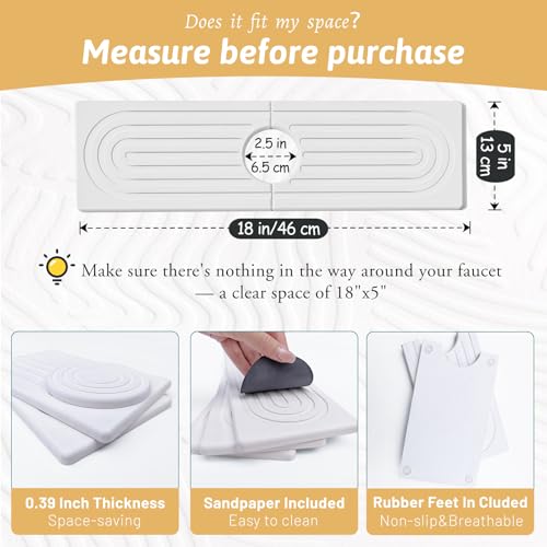 Faucet Mat for Kitchen Sink, 18" Wide Diatomite Fast Drying Stone Tray, Super Absorbent, Prevents Moisture Buildup, Faucet Water Splash Guard for Bathroom Counter, Sink Protector Gift for Mom, White - size: 18" x 5"