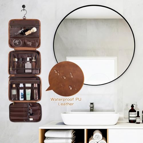 Laser-Engraved Initial 3-in-1 Hanging Travel Toiletry Bag 21st 30th 40th 50th 60th Birthday Gifts for Men, Personalized PU Leather Shaving Bag for Dad Husband Brother Boyfriend Light Brown D - color: Light Brown, style: D