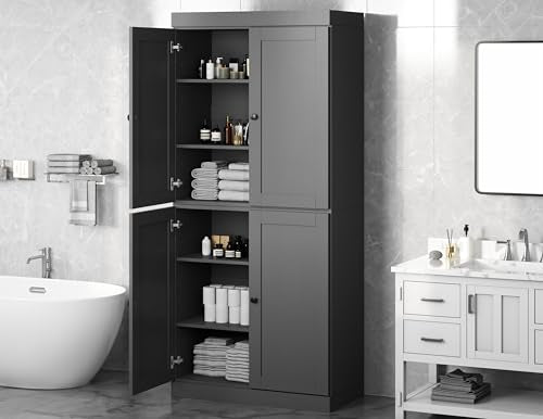 Palace Imports Solid Wood Tall Bathroom Pantry Cabinet with 4 Shaker Doors & Adjustable Shelves, Gray - 100% Eco-Friendly, Renewable, Space-Saving Storage, 71.5" H x 32" W, Made in Brazil - color: Grey