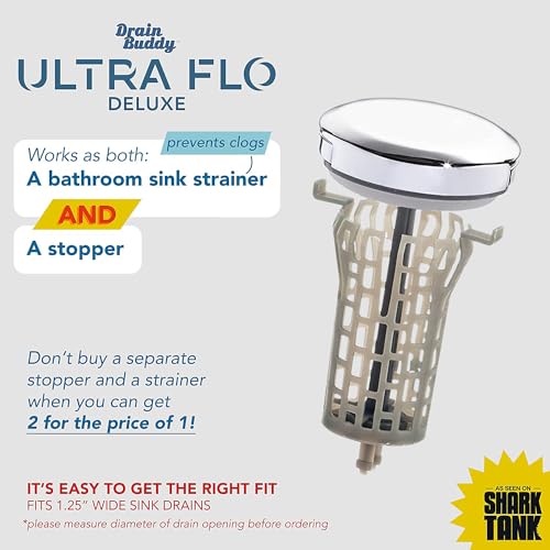Drain Buddy Ultra Flo- 2 in 1 Bathroom Sink Stopper & Hair Catcher W/Patented Pull Clean Technology! | Fits 1.25” Sink Drains, Clog Preventing | Chrome Plastic Cap - color: Chrome - Plastic Cap