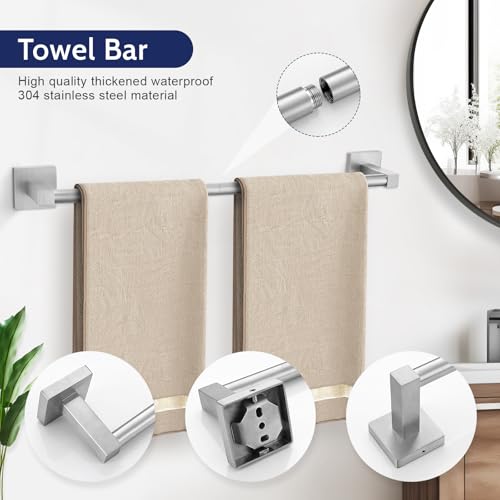 Lairuier 5-Piece Brushed Nickel Bathroom Hardware Set, Bathroom Accessories Set with Towel Bar, Toilet Paper Holder and 2 Towel Hooks SUS304 Stainless Steel Towel Bar Set Wall Mounted - color: Brushed, size: Set A
