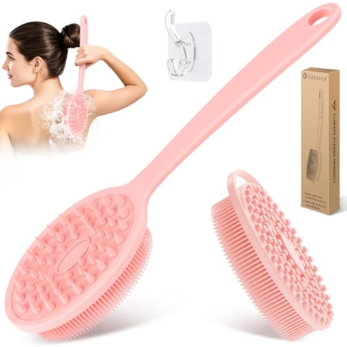 Silicone Back & Body Scrubber Set 2PCS, 13.4'' Gentle Exfoliating Back Scrubber with Dual-Side Head and Non-Slip Handle, Hygienic Silicone Loofah with Soft Bristles and Massage Dots(Pink-2PC) - color: Pink*2