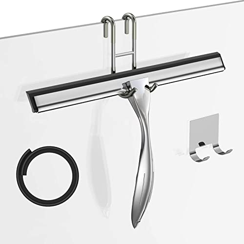 Shower Squeegee for Glass Door 12-Inch Stainless Steel Bathroom Squeegee Window Wiper, Includes Shower Door Hook, Adhesive Hook, and Spare Silicone Blade for Window Mirror Car All-Purpose Squeegee - color: Silver, size: 12-inch