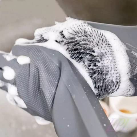 Silicone Dishwashing Gloves, Pet Grooming Rubber Scrubbing for Dishes, Sponge Wash Cleaning with Scrubbers (13.6" L) - color: Grey