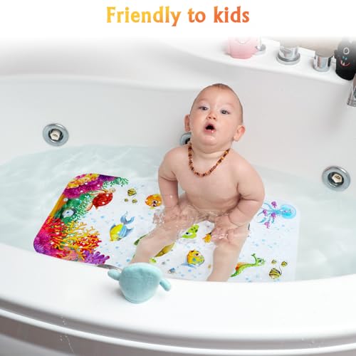Bath Mat for Tub Non Slip, Machine Washable Anti Slip Cartoon Baby Bathtub Shower Mat with Drain Holes and Suction Cups for Toddler & Kids, 27.5 Inch x 15 Inch-Rectangular, Turtle - color: Turtle, size: 27.5" x 15" (Rectangular)