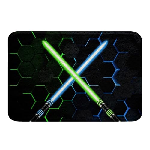 Geometric Light Up Sword Non Slip Bath Mat Neon Blue Purple Light Honeycomb Bathroom Rug Kids Boys Men 3D Glowing Hexagon Shaggy Absorbent Floor Mat Fashion Black Bath Indoor Doormat Decor,16"x24" - color: Lightsaber 01, size: 16" x 24"