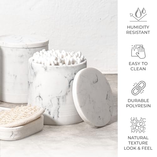 ZCCZ White Marble Bathroom Accessories Set 6 Pieces - Toothbrush Holder, Lotion Dispenser, Qtip Container, Vanity Tray, Tumbler - Countertop Organizer for Bathrooms - Elegant and Functional Décor Set - color: White Marble, size: 6pcs