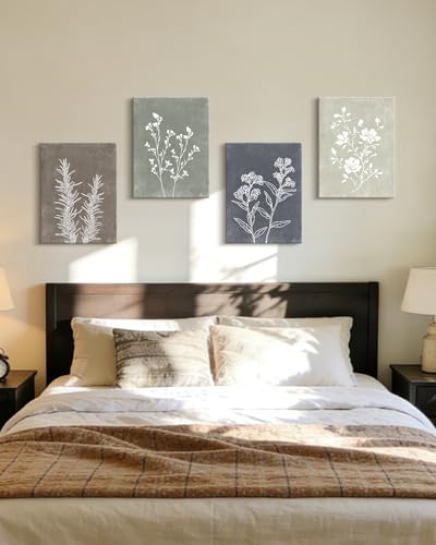 Drsoum Framed Boho Wall Art Set of 4 Wooded Vintage Botanical Prints Retro Plants Rustic Antique for Bathroom Farmhouse Kitchen Home Decor Ready to Hang 12x16inx4pcs (Framed) - size: 12''x 16''x 4pcs