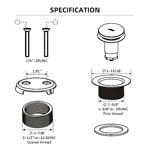 All Metal Tip-Toe Bathtub Drain Kit with Two-Hole Overflow Faceplate and Universal Fine/Coarse Thread Assembly, Bath Tub Drain Kit fits All Bathtub -Chrome Plated - color: Chrome Plated
