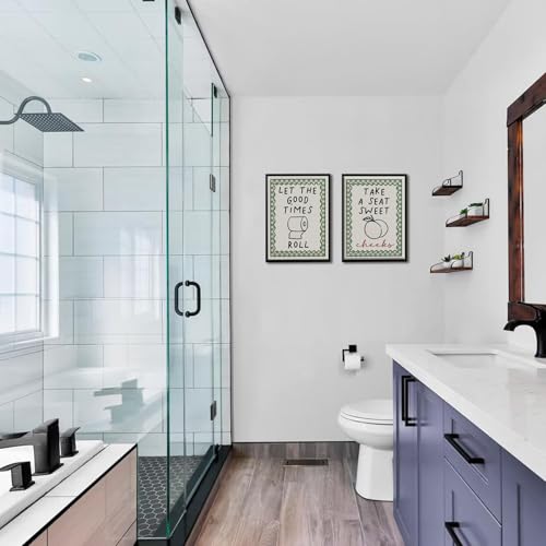 HDXUFJQ Black Frame Funny Bathroom Wall Art Retro Green Minimalist Bathroom Wall Decor Trendy Preppy Dorm Toilet Sign Prints Humor Canvas Picture for Restroom(12"x16") - color: Framed Two Bathroom Signs, size: 16"L x 12"W