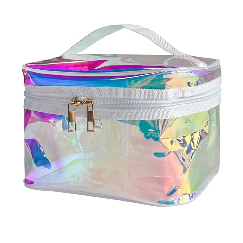 Waterproof Holographic Blue PVC Makeup Bag with Handle - 8.66 * 5.51 * 5.51 inch Travel Cosmetic Organizer for Women Men Toiletry Pouch (Holographic Blue - L) - color: Holographic Blue - L