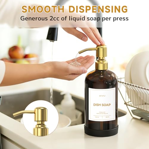 Kitchen Soap Dispenser Set – 16.8oz/500ml Glass Hand and Dish Soap Dispenser with Stainless Steel Pumps & Non-Slip Silicone Base, Luxury Countertop Decor for Home, Airbnb, Office (Amber & Gold) - color: Amber & Gold