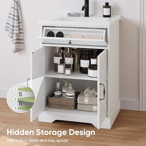 Smart FENDEE 23.62 inch Bathroom Vanity with Ceramic Sink, Farmhouse Bathroom Cabinet with Barn Door & Drawer, Freestanding Floor Storage Cabinet with Sink Combo Set, Soft White - color: White
