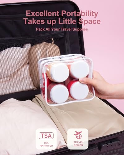 Mrsdry Travel Size Toiletries 8 Pack, TSA Approved 3oz Silicone Squeeze Bottles & Cream Jars with Clear Travel Bag - color: Cherry Red, size: 3oz bottle 3oz jar