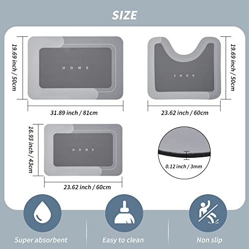 Housego 3PCS Absorbent Bath Mat Magic Rug Sets, Quick Drying Bath Mat Non-Slip Floor Rug Rubber Backed for Bathroom Kitchen Shower Sink (16.9''x23.6''+19.7''x23.6''+19.7''x31.9'', Dark Gray) - color: Dark Gray, size: 3 PCS