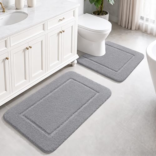 LOCHAS Bathroom Rug Set Grey, Soft Bath Rug Set 2 Piece, Toilet Mat U-Shaped 24x24 and 34x21 Bath Rugs, Quickly Dry Mats for Bathroom, Tub, Washable, Super Absorbent Floor Mat - color: Light Grey, size: 34" x 21" Plus 24" x 24" (U-Shape)