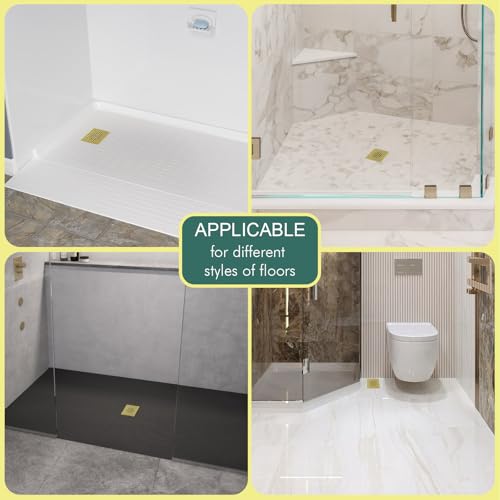 4 Inch Shower Floor Drain with Flange - Square Shower Drain with Hair Strainer - Removable Strainer Cover - SUS304 Stainless Steel - Brushed Gold - color: Brushed Gold