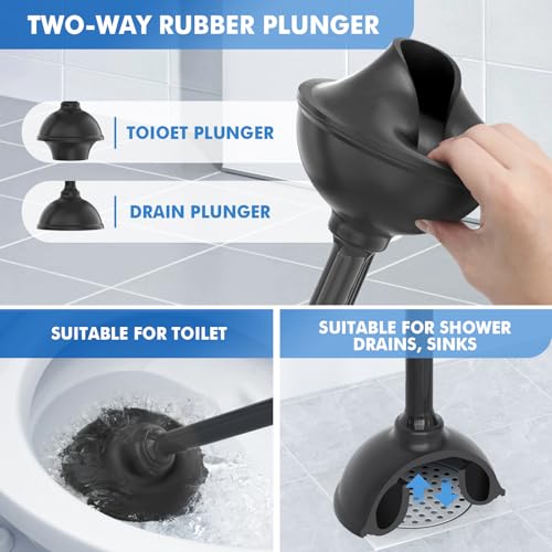 LOVLOY Toilet Plunger and Brush with Holder, Bowl Brush and Heavy Duty Toilet Plunger Set with Ventilated Holder, 2-in-1 Toilet Brush and Plunger Combo for 5.3-inch Toilet Drain New Pack (Black, 1) - color: Black