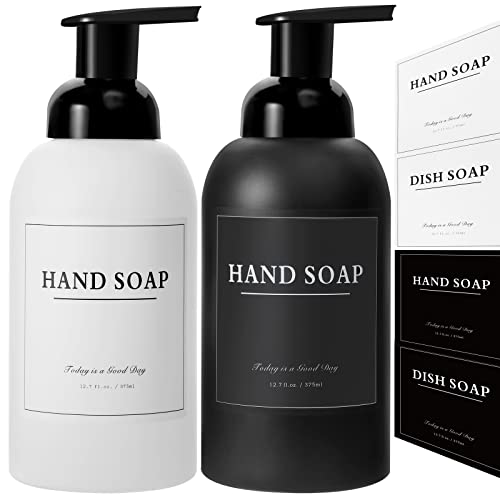 rejomiik 2 Pack Foaming Soap Dispenser Thick Glass Foam Hand Soap Dispenser for Bathroom or Kitchen Sink, 13 oz Pump Bottles for Hand soap, Body Wash, Matte Black and White - color: Black and White