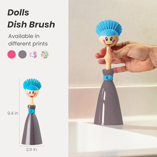 Vigar Dolls Dish Brush with Handle and Holder - Dish Scrubber Brush for Dishes and Pans, Kitchen Scrub Brush, Dishwashing Brush for Kitchen Sink Cleaning, Cute Standing Dish Brush Design - Gray, Blue - color: Gray, Blue