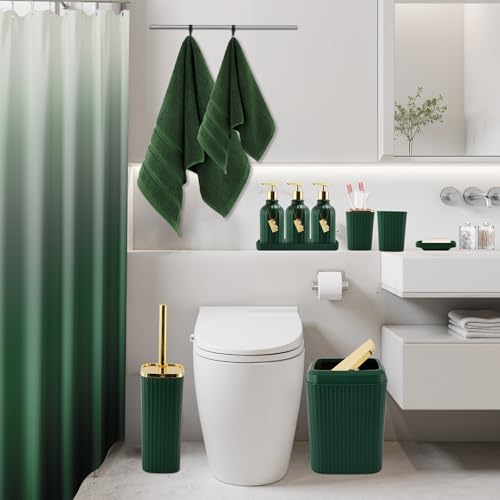 32PCS Bathroom Accessories Set Bathroom Set,Hunter Green Shower Curtain Set,Bath Towel Set,Hand Towel,Toilet Brush,Trash Can & 3PCS Soap Dispenser - size: Bath Set+Shower Curtain+Towel Set, style: Dark Green