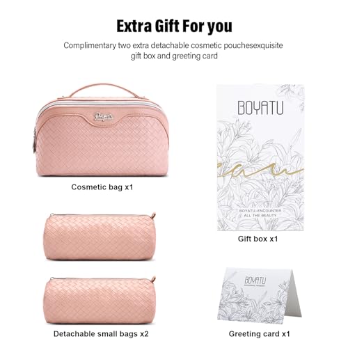BOYATU Travel Makeup Bag Cosmetic Bags for Women: Large Capacity 3 Pcs Set Make up Bag with Compartments - Waterproof Vegan Leather Toiletry Organizer Bags with Handle (L04 Light Pink) - color: L04 Light Pink