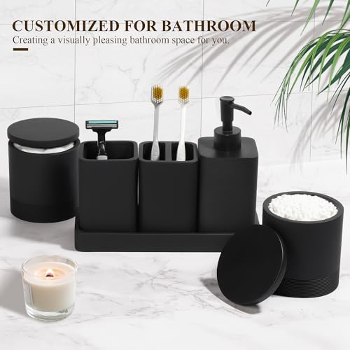 YMXYJM Bathroom Accessories Set, 6 Piece Bathroom Set with Toothbrush Holders, Soap Dispenser, Vanity Tray, Tumbler, Cotton Swab Jars, Bathroom Organizer，Bathroom Sink Sets, Matte Black - color: Black