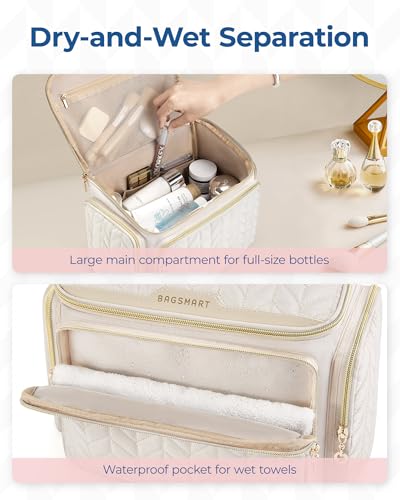 BAGSMART Travel Toiletry Bag, Large Wide-open Travel Bag for Toiletries, Makeup Cosmetic Travel Bag with Handle-Camel - color: Camel